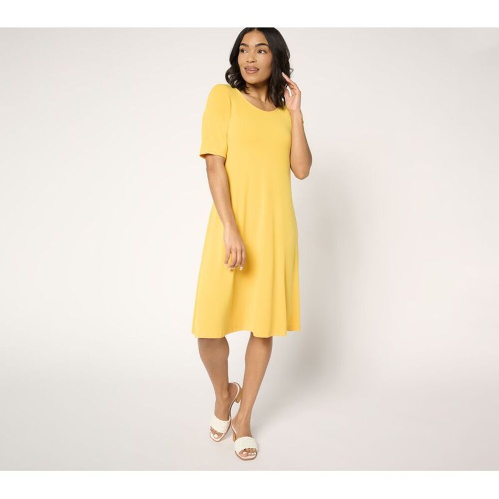 Susan Graver Women's Dress Sz L Print or Solid Liquid Knit Fit & Yellow A397813